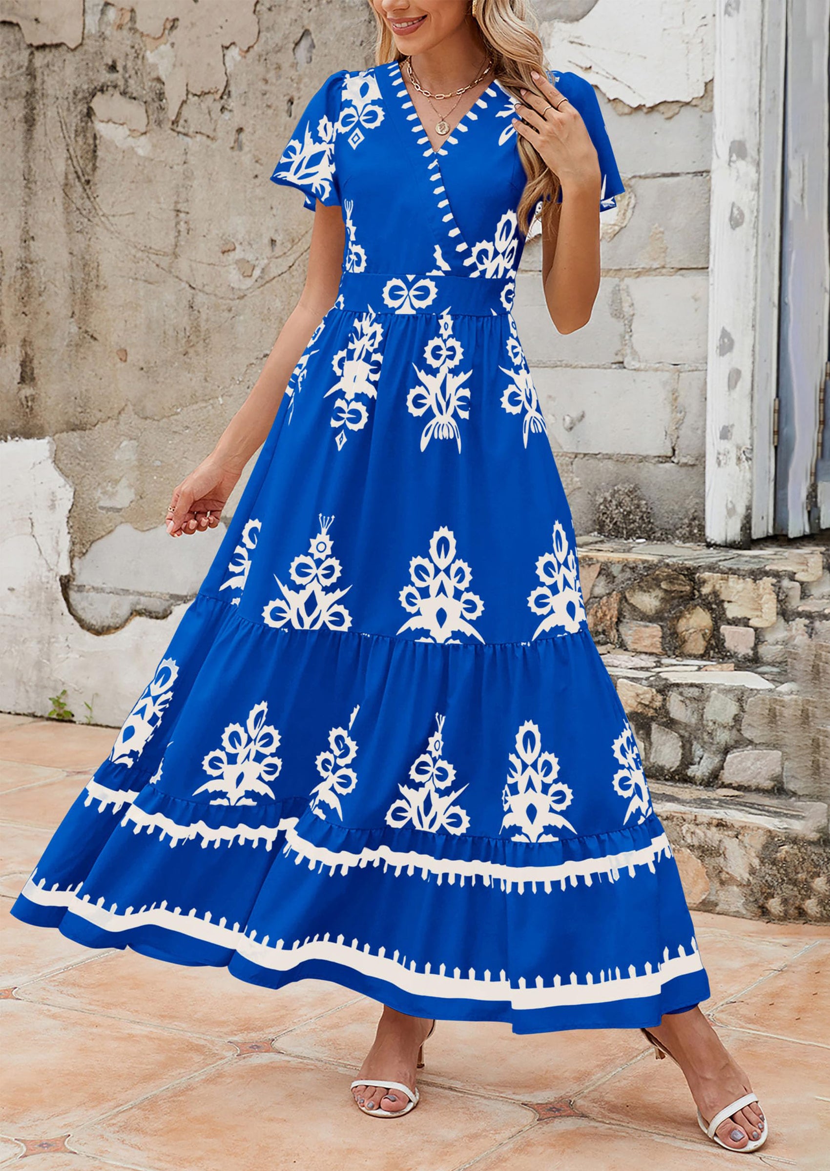 PRETTYGARDEN Womens Casual V Neck Boho Maxi Dress Flowy Aline Bell Sleeve Tiered Floral Dresses with Pocket