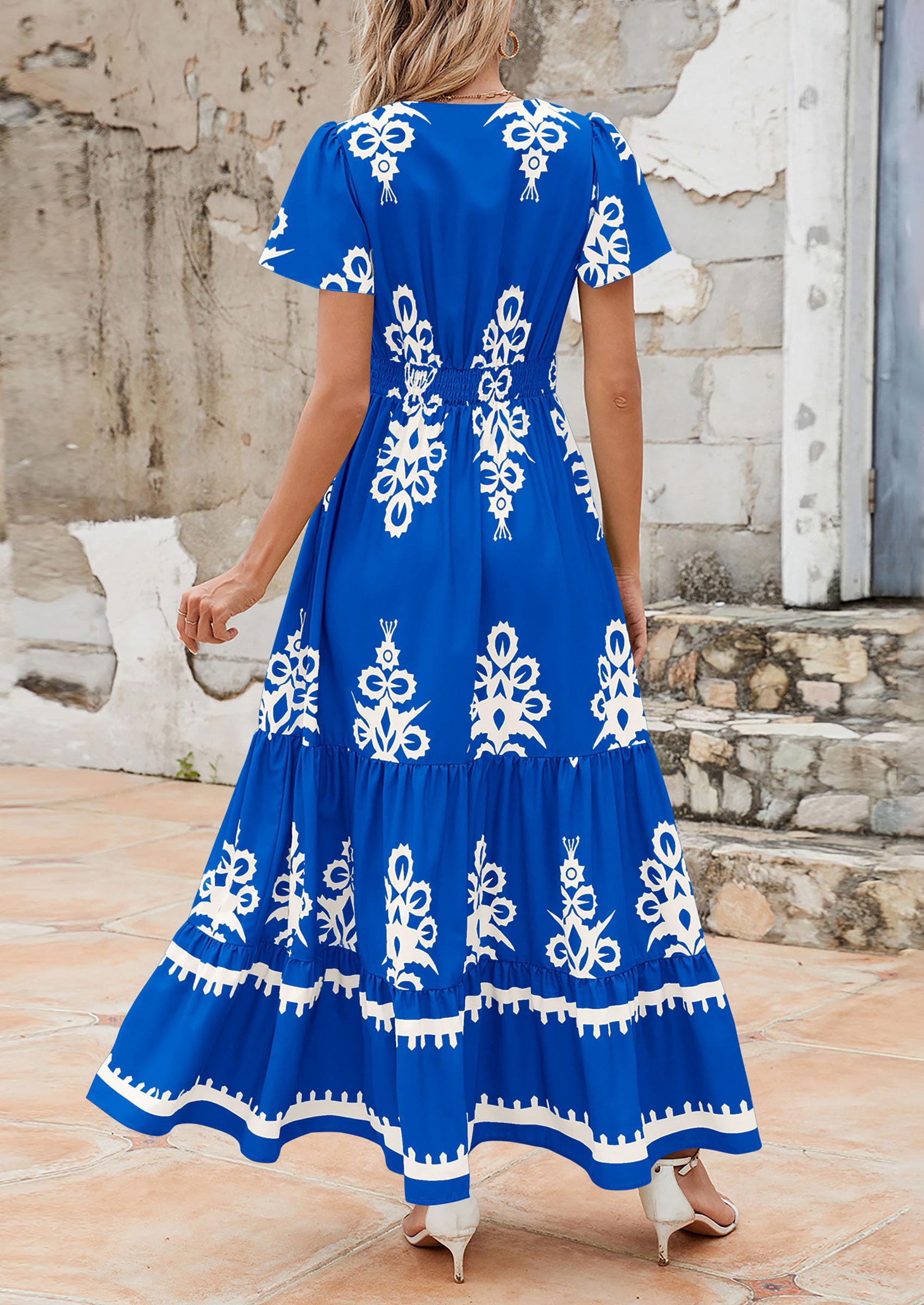 PRETTYGARDEN Womens Casual V Neck Boho Maxi Dress Flowy Aline Bell Sleeve Tiered Floral Dresses with Pocket