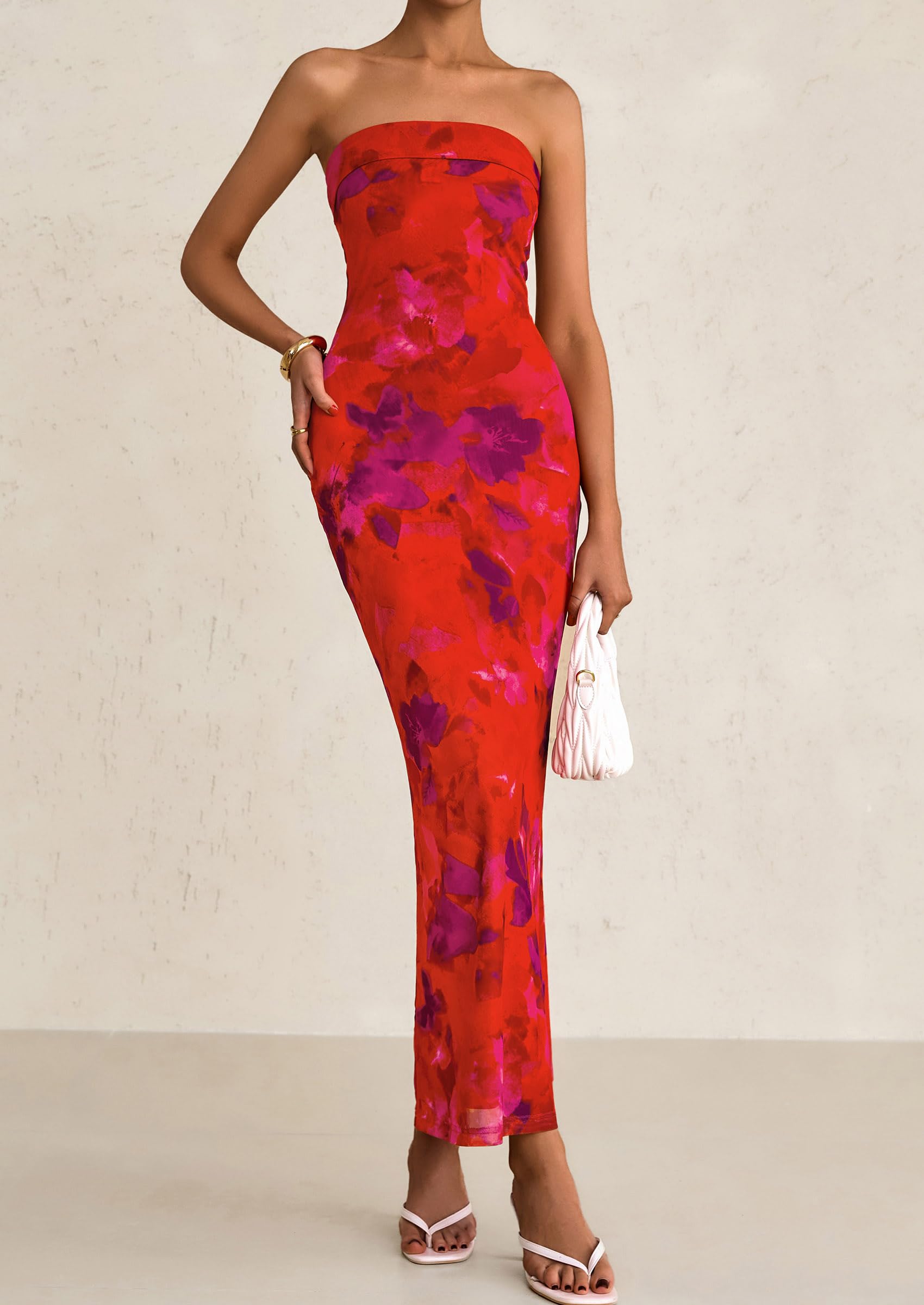 PRETTYGARDEN Womens Printed Tube Maxi Dress Strapless Bodycon Sleeveless Night Out Long Dresses