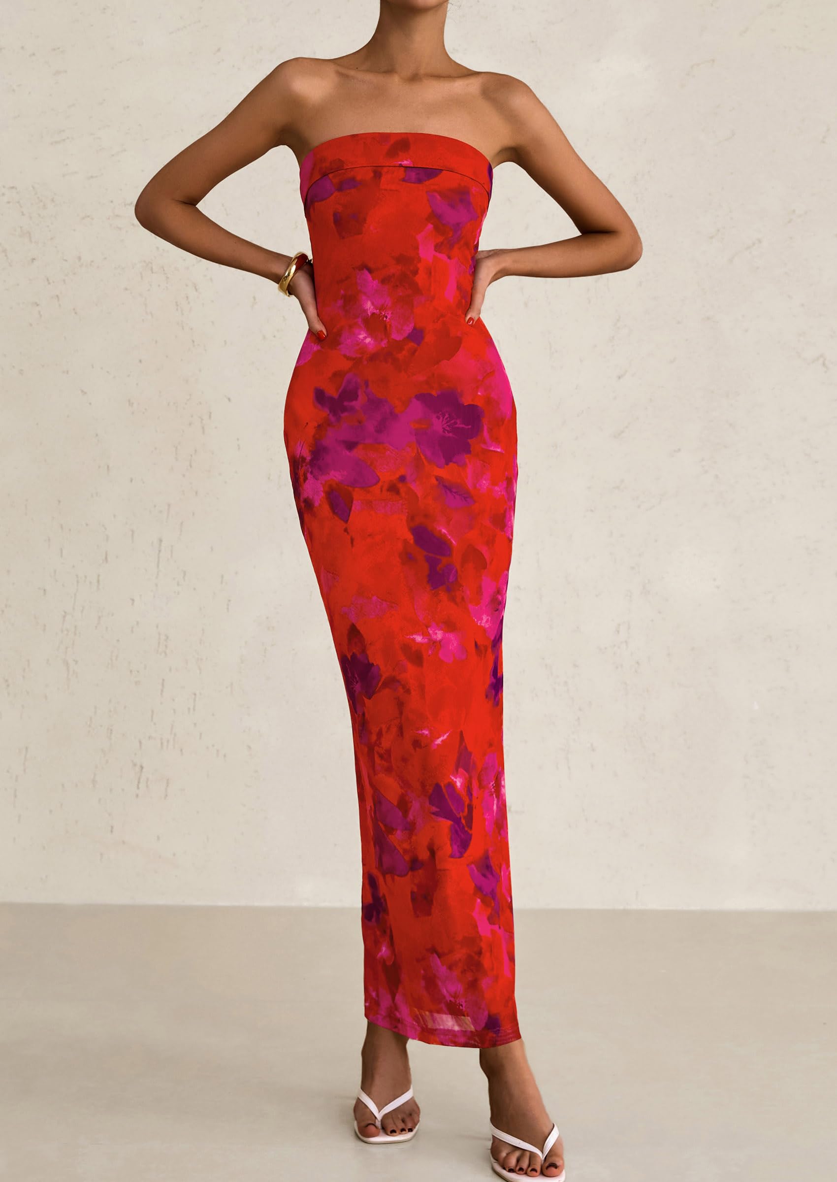 PRETTYGARDEN Womens Printed Tube Maxi Dress Strapless Bodycon Sleeveless Night Out Long Dresses