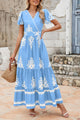 Womens Summer Casual V Neck Boho Maxi Dress Flowy Aline Bell Sleeve Tiered Floral Dresses with Pocket