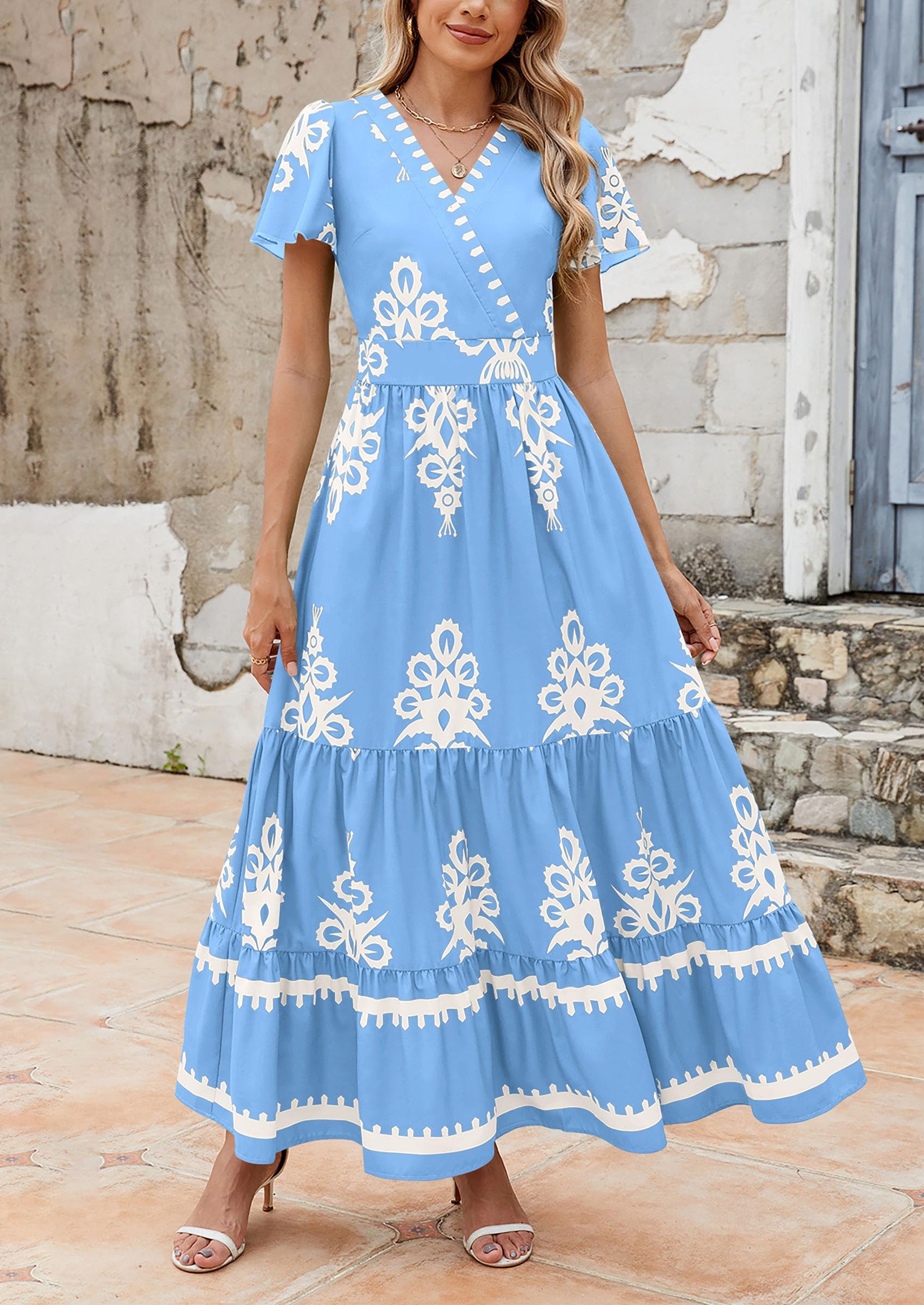 PRETTYGARDEN Womens Casual V Neck Boho Maxi Dress Flowy Aline Bell Sleeve Tiered Floral Dresses with Pocket