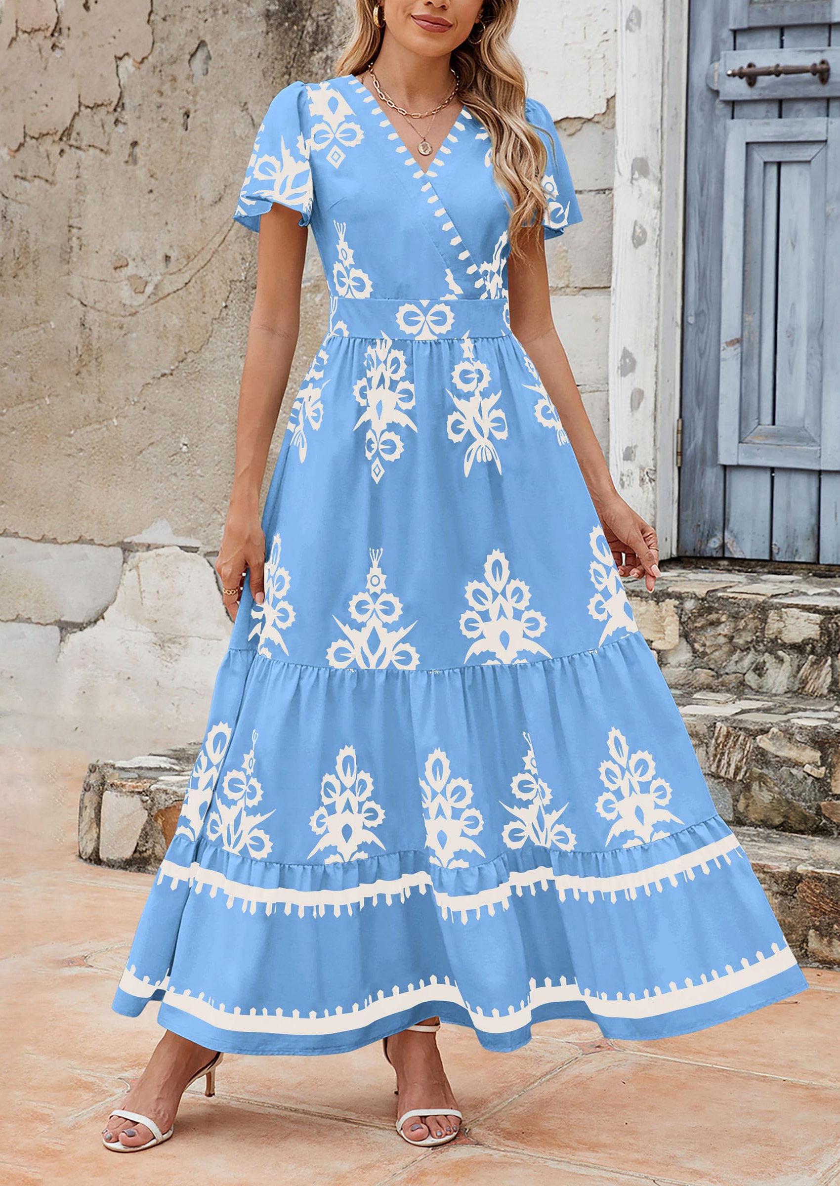 PRETTYGARDEN Womens Casual V Neck Boho Maxi Dress Flowy Aline Bell Sleeve Tiered Floral Dresses with Pocket