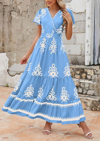 PRETTYGARDEN Womens Casual V Neck Boho Maxi Dress Flowy Aline Bell Sleeve Tiered Floral Dresses with Pocket