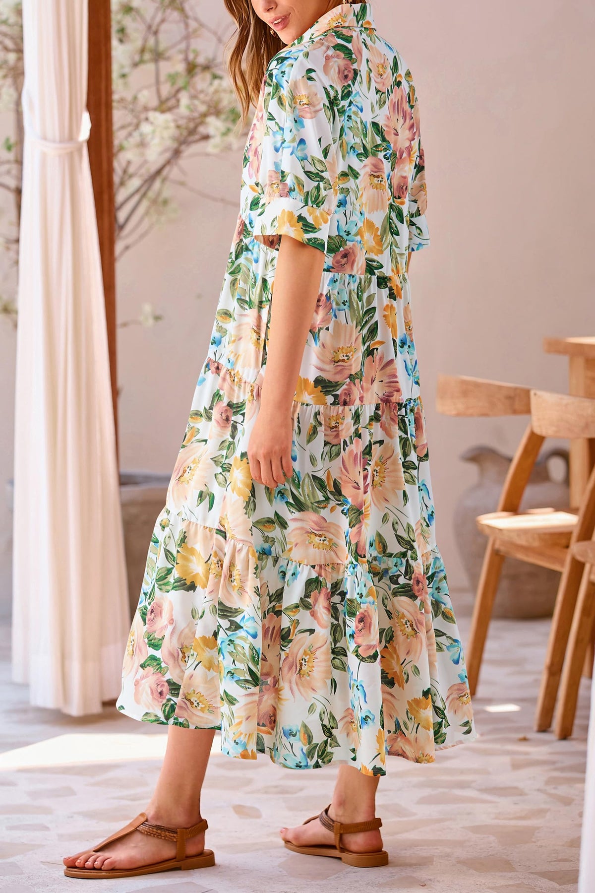 Button Up Ruffle A Line Flowy Maxi Dress