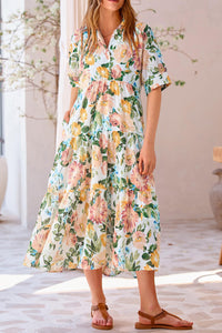 Button Up Ruffle A Line Flowy Maxi Dress