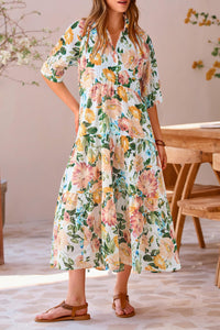 Button Up Ruffle A Line Flowy Maxi Dress