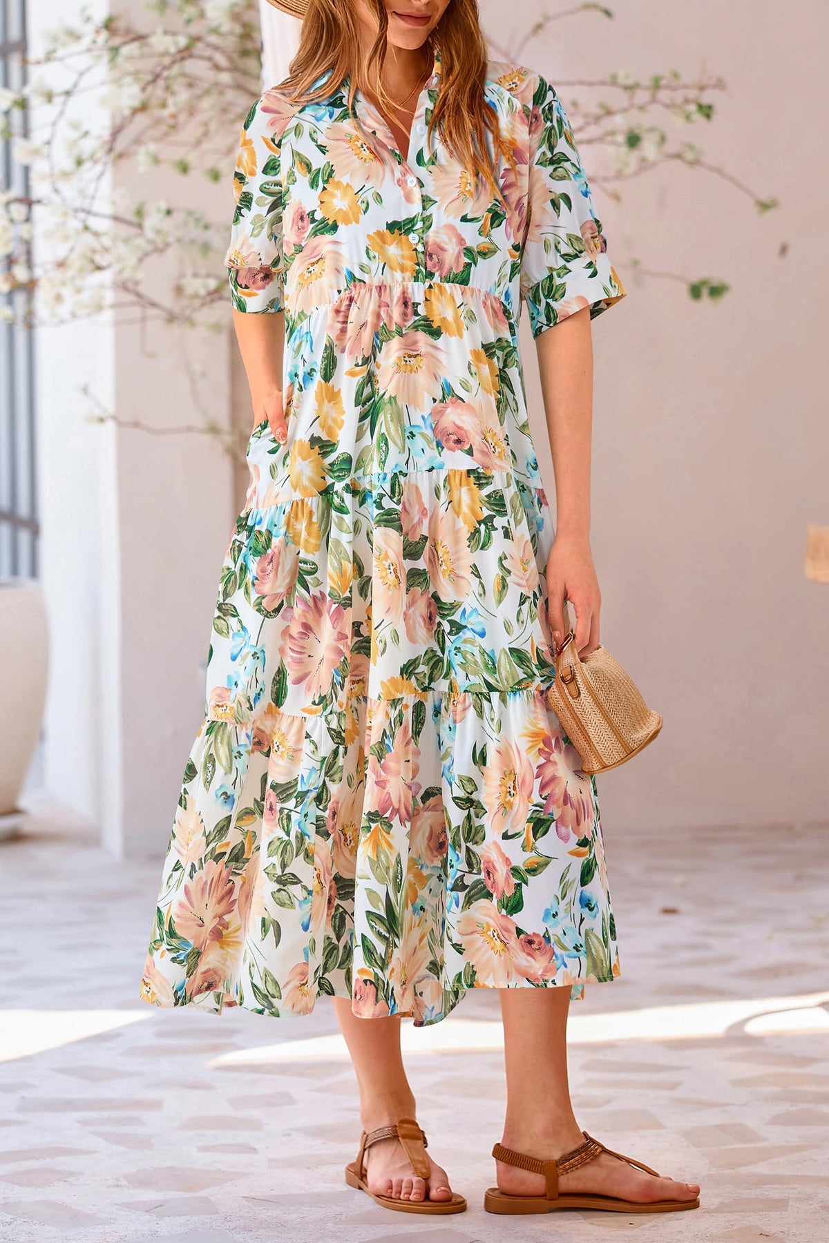 Button Up Ruffle A Line Flowy Maxi Dress