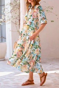 Button Up Ruffle A Line Flowy Maxi Dress