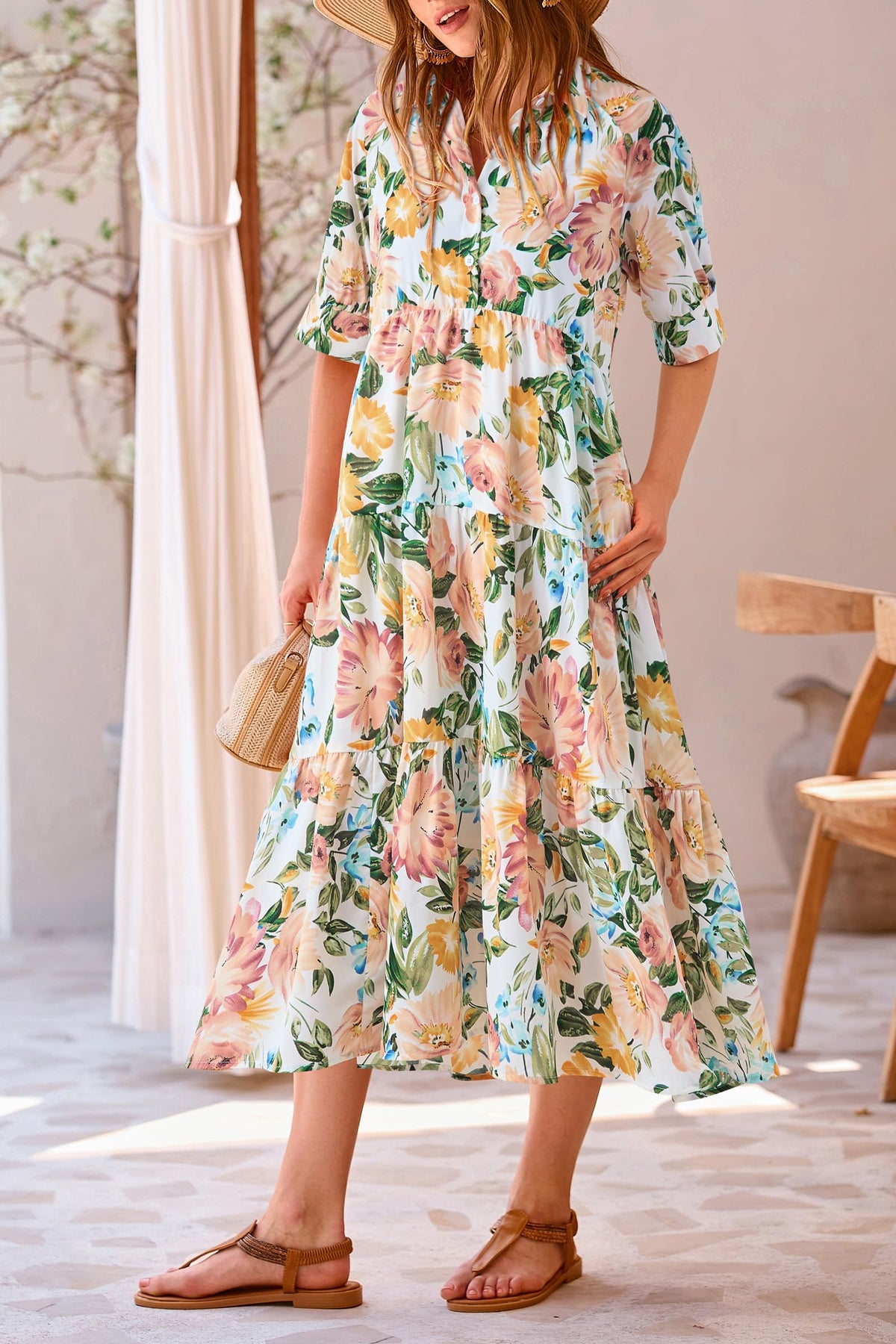 Button Up Ruffle A Line Flowy Maxi Dress