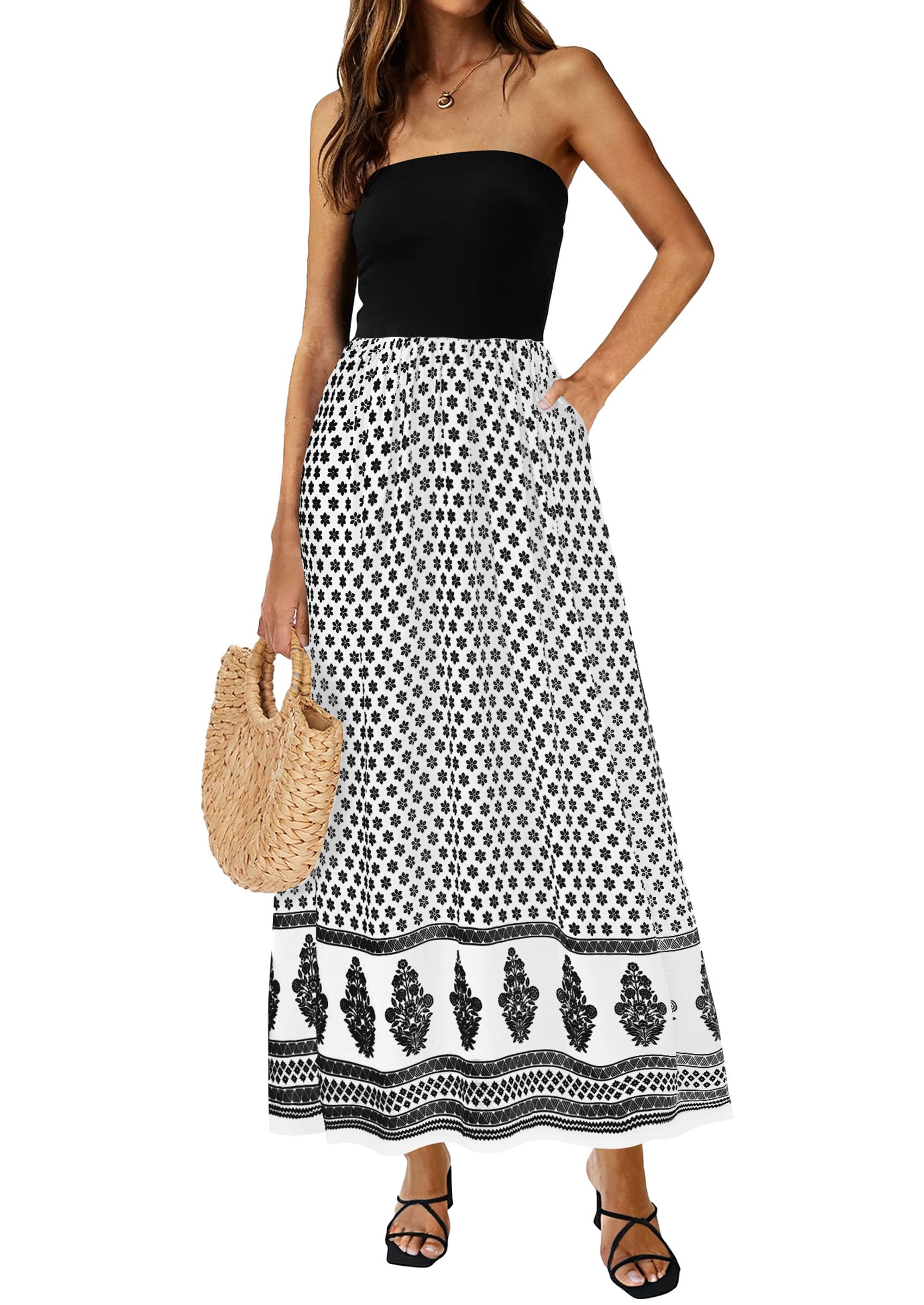 PRETTYGARDEN Summer Dresses for Women 2026 Floral Patchwork Strapless Tube Long Flowy Dress Beach Vacation Clothes