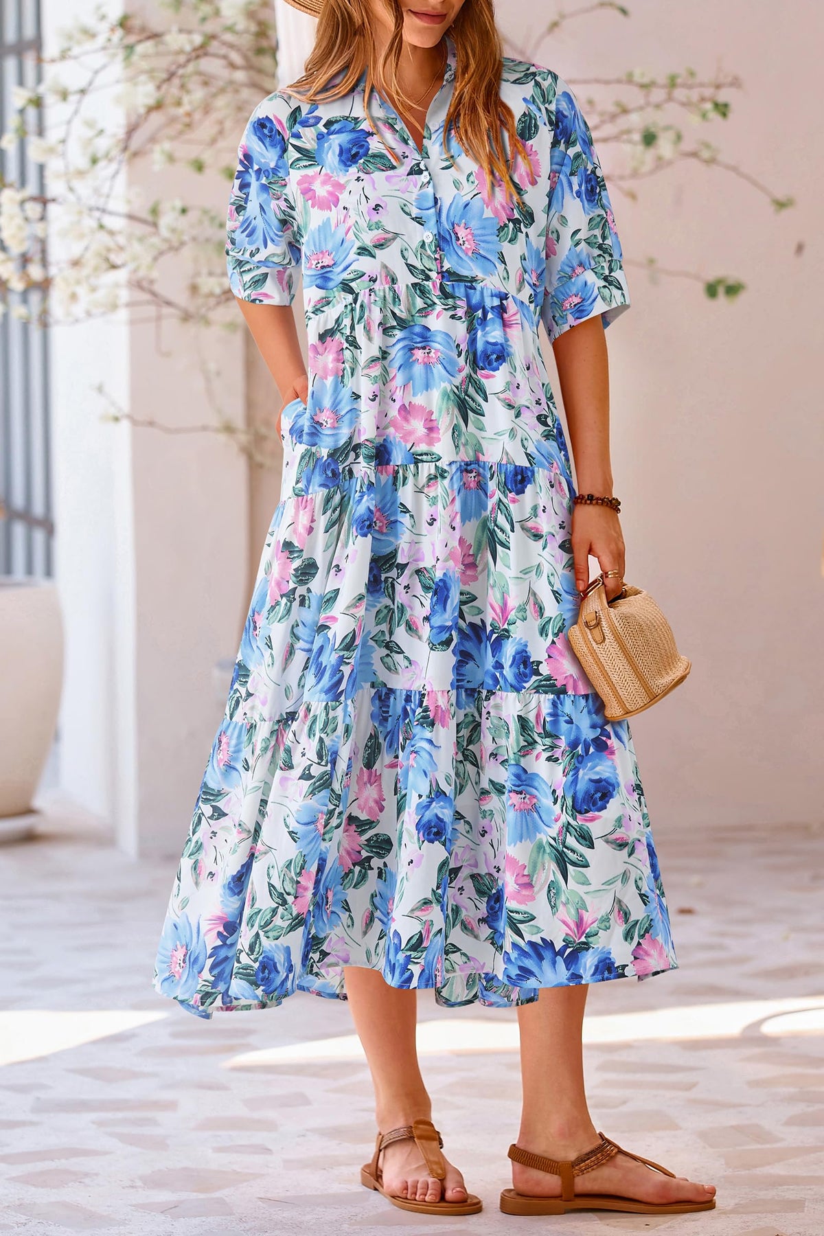 Button Up Ruffle A Line Flowy Maxi Dress