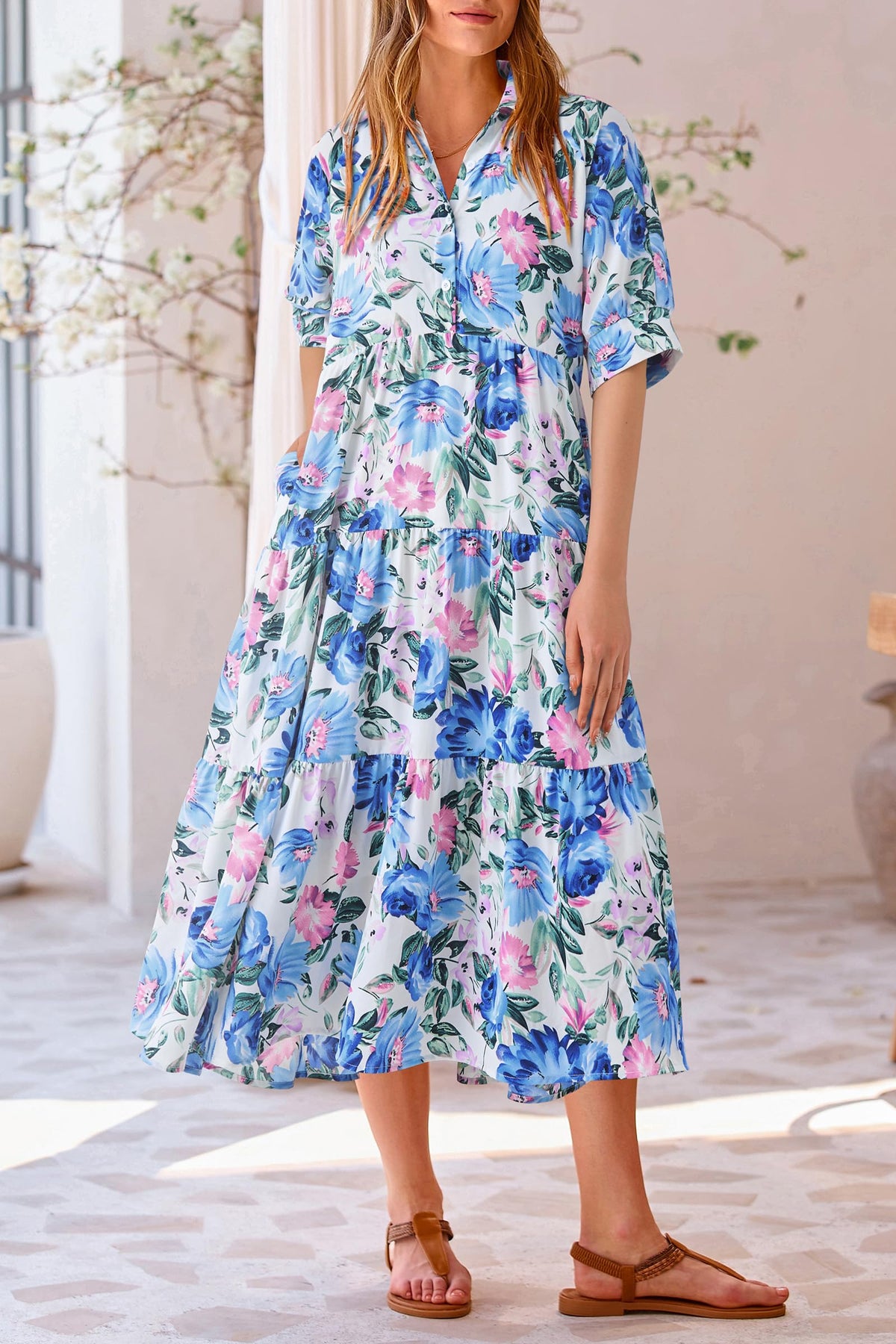 Button Up Ruffle A Line Flowy Maxi Dress