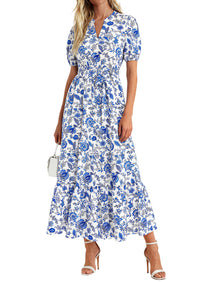 PRETTYGARDEN Women's Summer Maxi Dresses Boho Floral Short Sleeve V Neck Casual Wedding Guest 2026 Beach Vacation Outfits