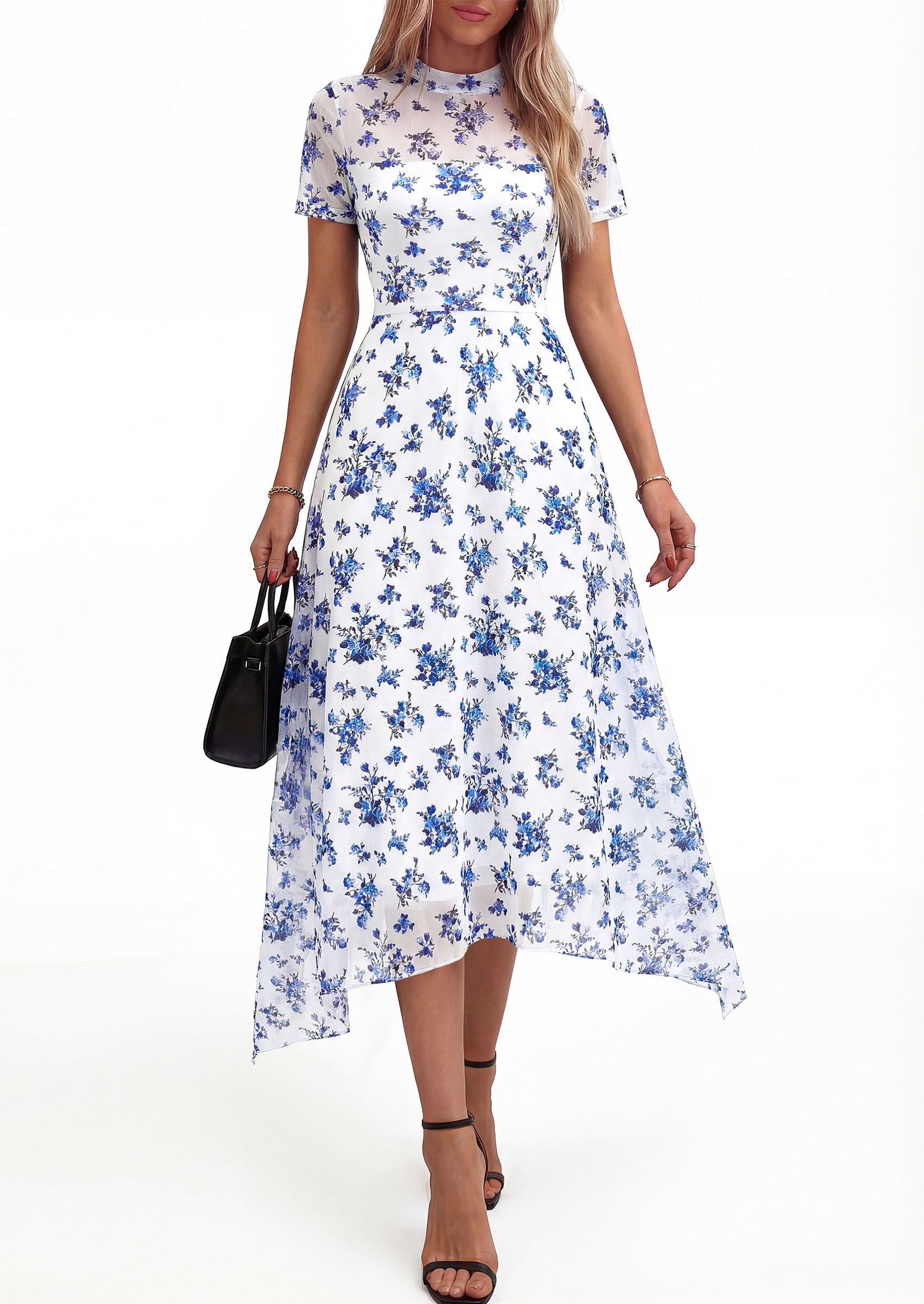 PRETTYGARDEN Cocktail Dresses for Women Summer Short Sleeve Floral Mesh Sheer Midi Party Wedding Guest Dress