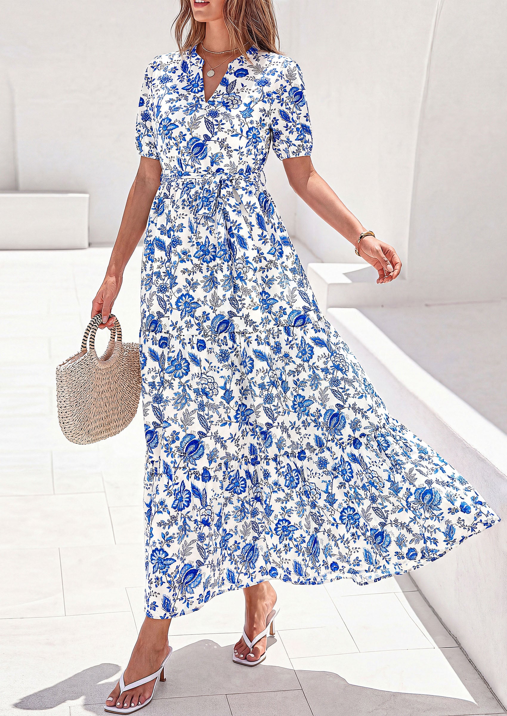 PRETTYGARDEN Women's Summer Maxi Dresses Boho Floral Short Sleeve V Neck Casual Wedding Guest 2026 Beach Vacation Outfits