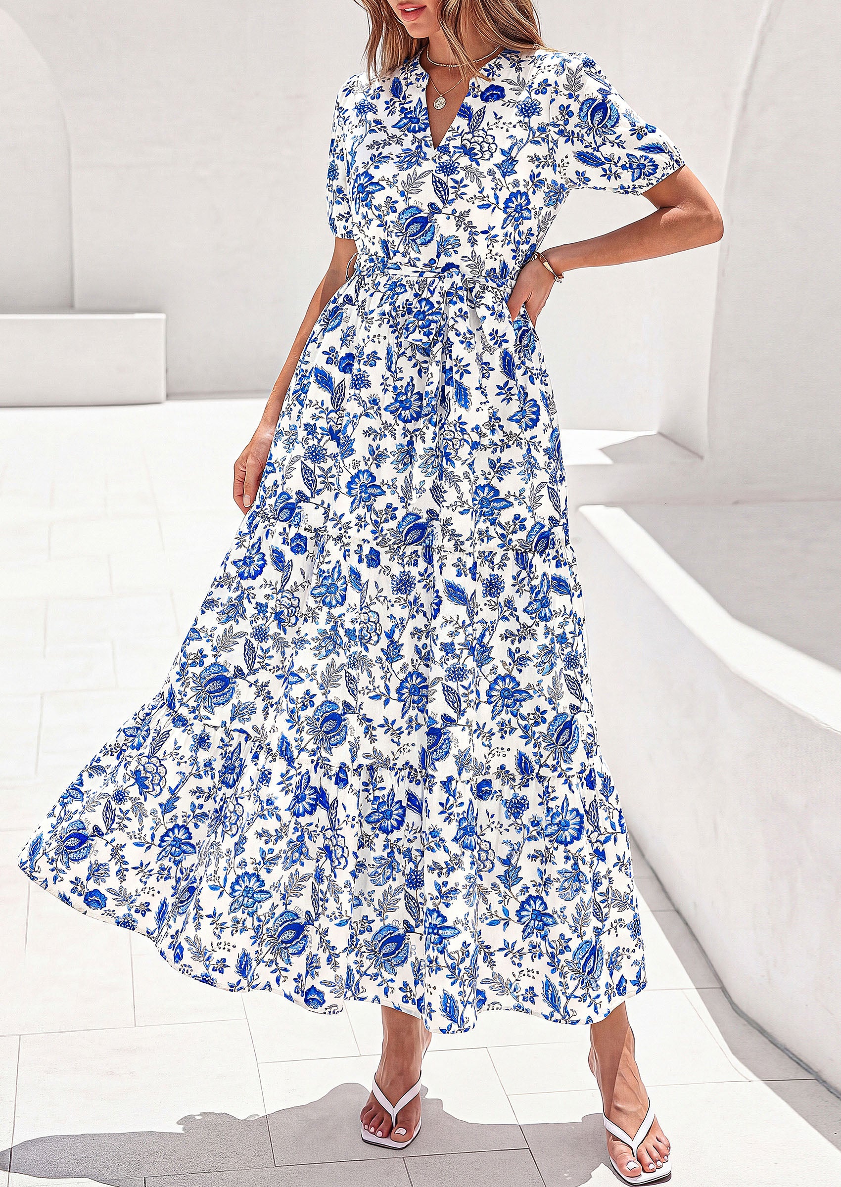 PRETTYGARDEN Women's Summer Maxi Dresses Boho Floral Short Sleeve V Neck Casual Wedding Guest 2026 Beach Vacation Outfits