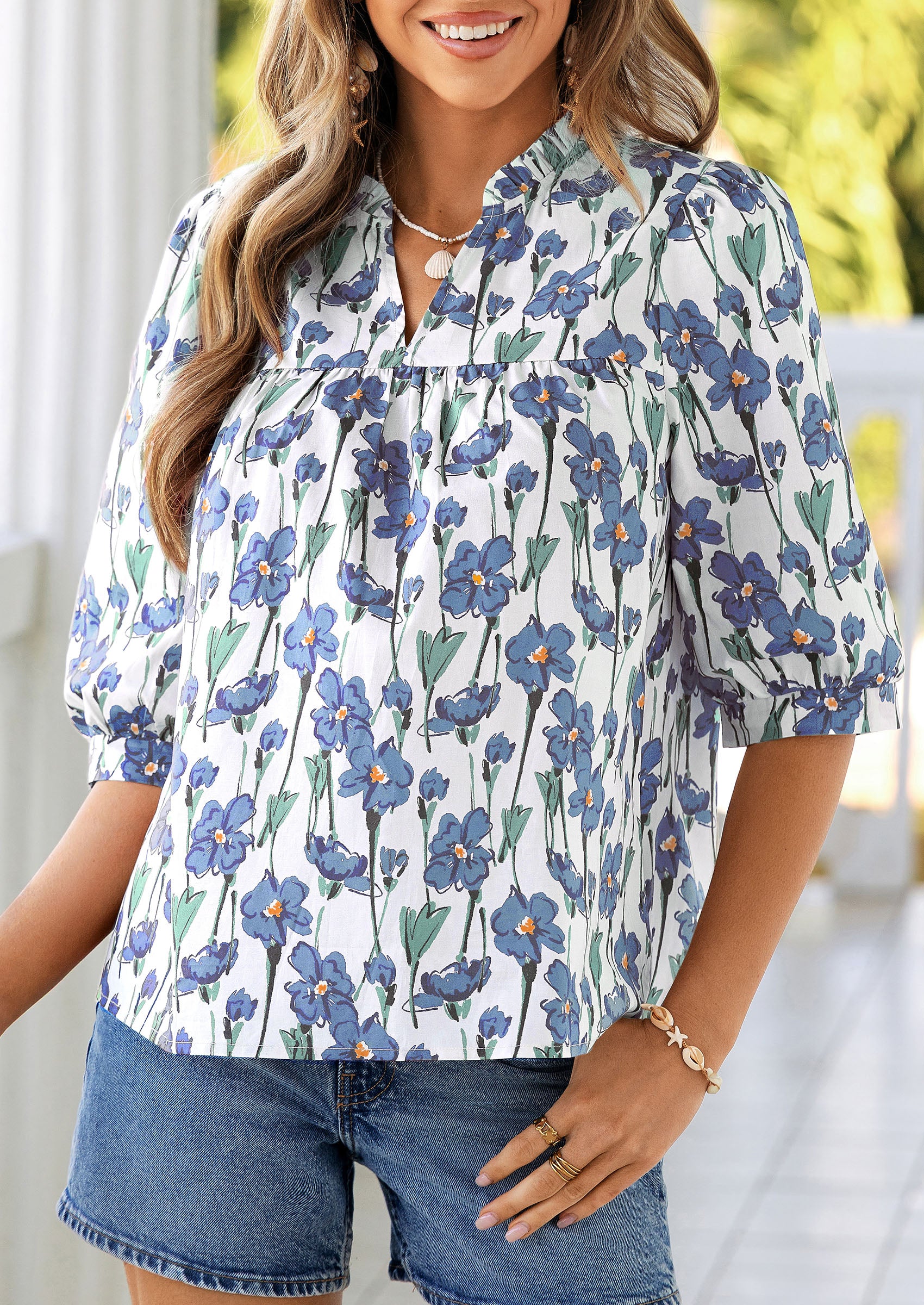PRETTYGARDEN Women's Summer Floral Blouses Dressy Casual Half Sleeve V Neck Going Out Boho Tops Spring Fashion Clothing