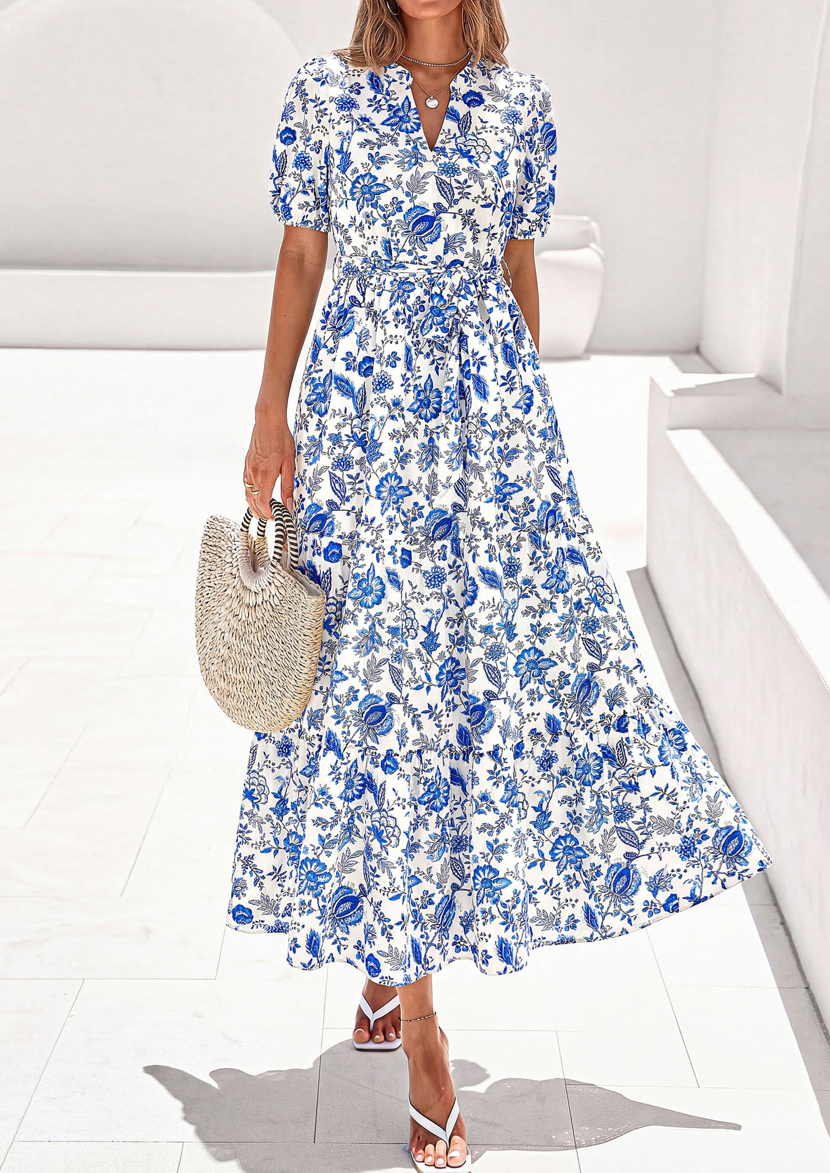 PRETTYGARDEN Women's Summer Maxi Dresses Boho Floral Short Sleeve V Neck Casual Wedding Guest 2026 Beach Vacation Outfits