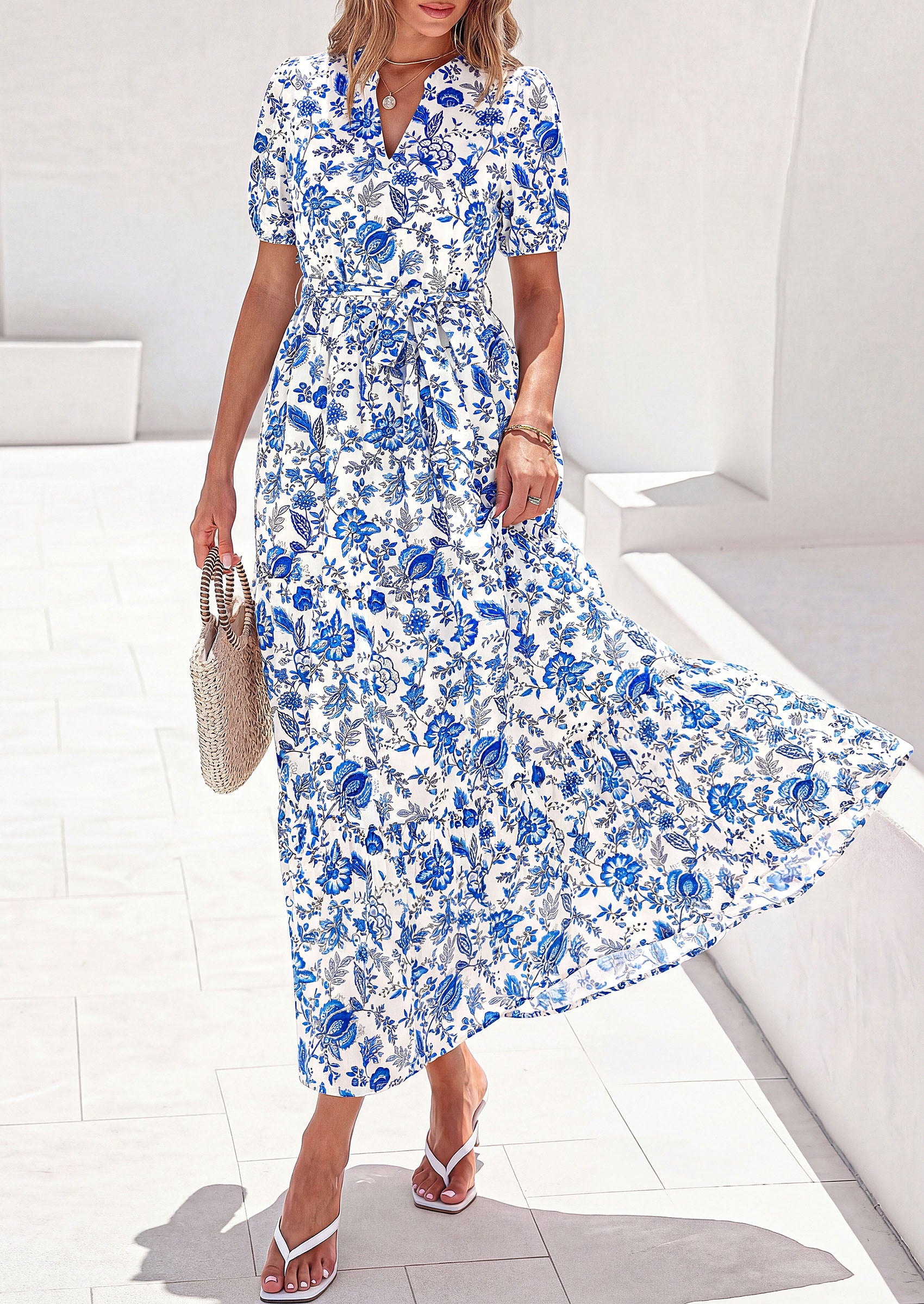 PRETTYGARDEN Women's Summer Maxi Dresses Boho Floral Short Sleeve V Neck Casual Wedding Guest 2026 Beach Vacation Outfits
