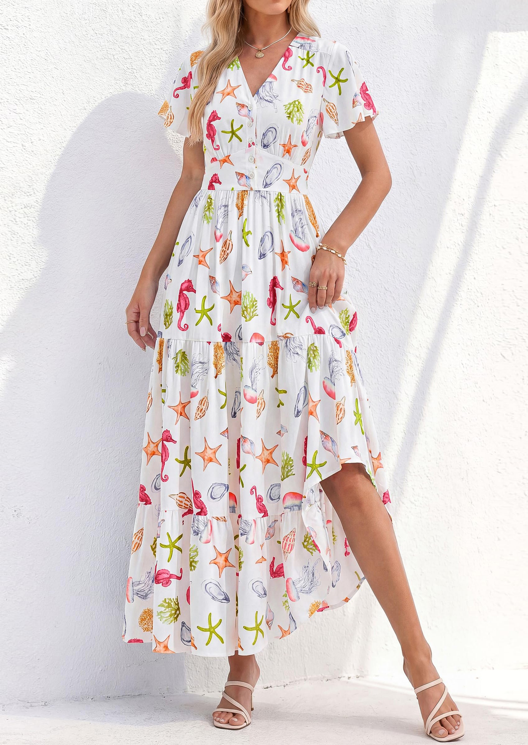 PRETTYGARDEN Women Summer Maxi Dresses Short Sleeve V Neck Button Floral Tiered Flowy Boho Sundress Beach Outfits