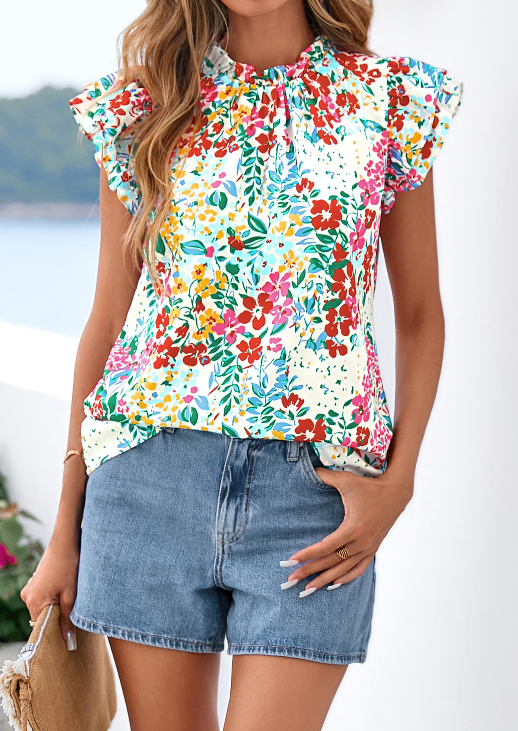 PRETTYGARDEN Women's Ruffle Short Sleeve Summer Tops Trendy Floral Trim Neck Casual Dressy Chiffon Boho Blouses Shirts PRETTYGARDEN