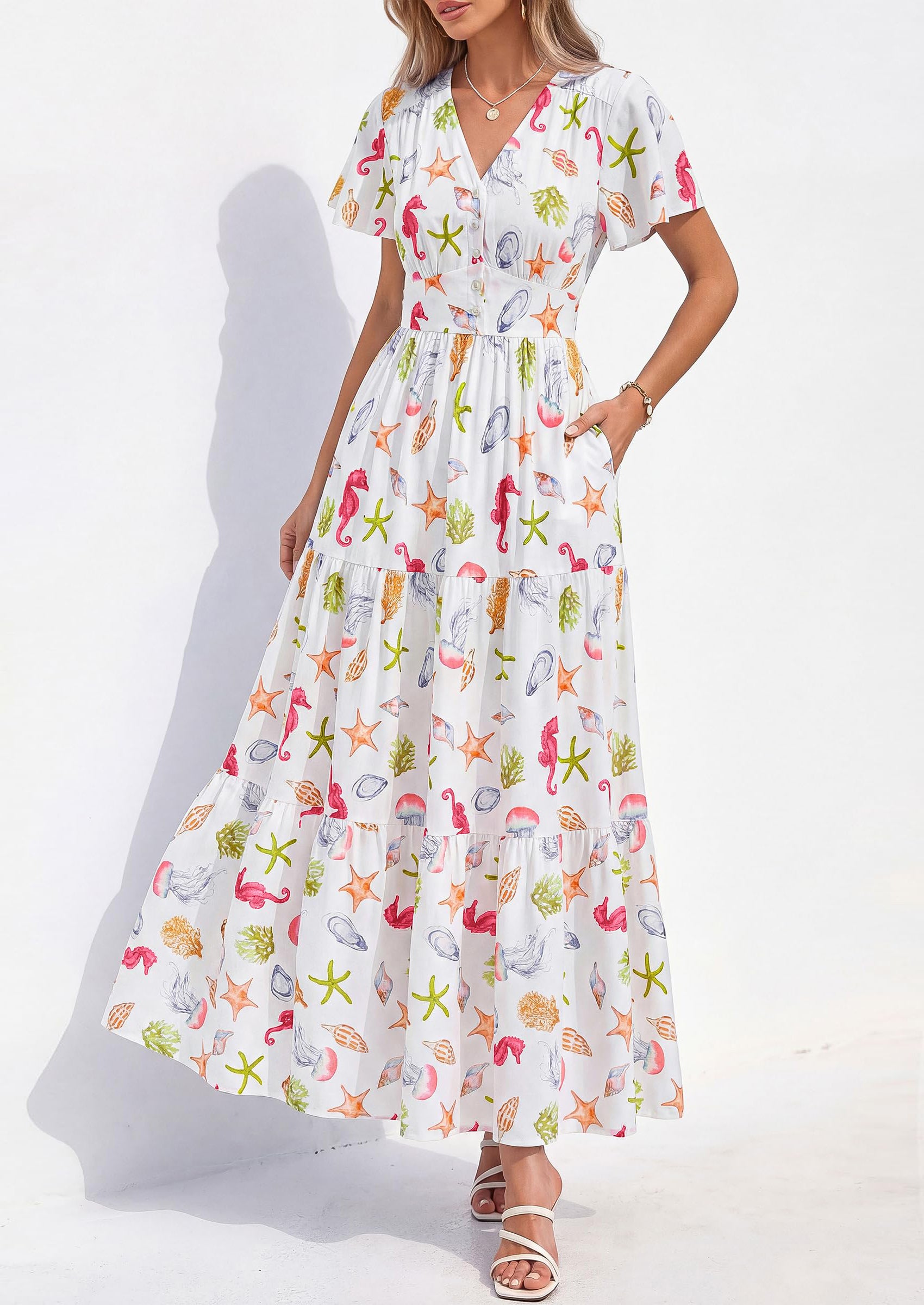 PRETTYGARDEN Women Summer Maxi Dresses Short Sleeve V Neck Button Floral Tiered Flowy Boho Sundress Beach Outfits