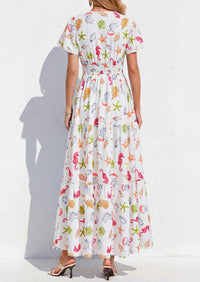 PRETTYGARDEN Women Summer Maxi Dresses Short Sleeve V Neck Button Floral Tiered Flowy Boho Sundress Beach Outfits