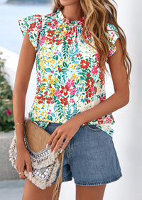 PRETTYGARDEN Women's Ruffle Short Sleeve Summer Tops Trendy Floral Trim Neck Casual Dressy Chiffon Boho Blouses Shirts PRETTYGARDEN