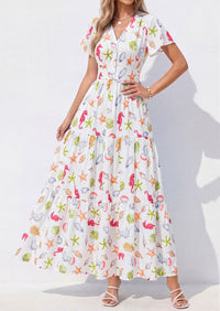 PRETTYGARDEN Women Summer Maxi Dresses Short Sleeve V Neck Button Floral Tiered Flowy Boho Sundress Beach Outfits
