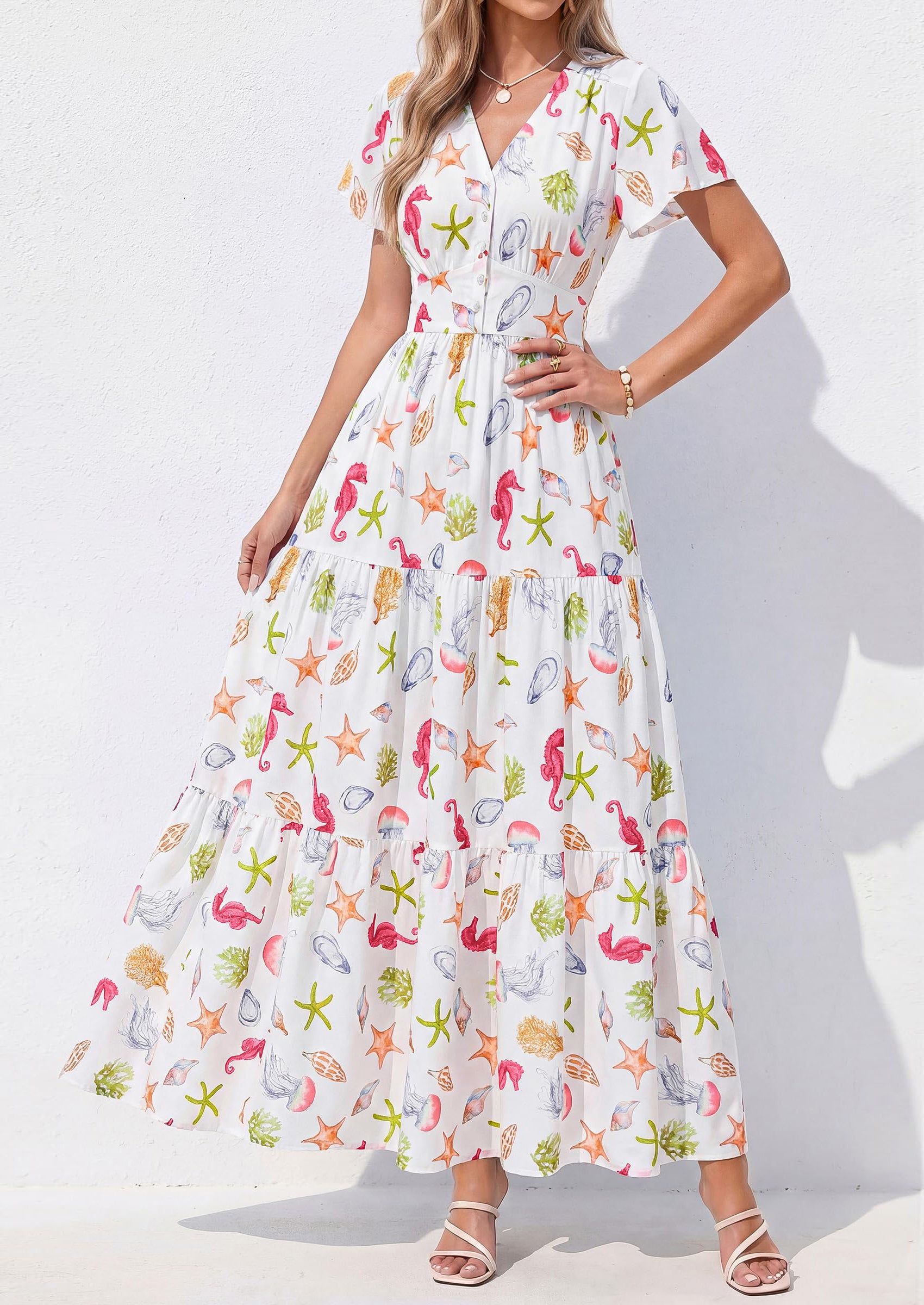 PRETTYGARDEN Women Summer Maxi Dresses Short Sleeve V Neck Button Floral Tiered Flowy Boho Sundress Beach Outfits