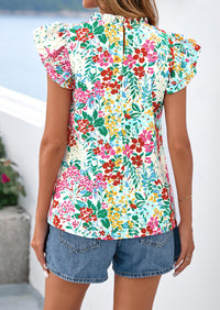 PRETTYGARDEN Women's Ruffle Short Sleeve Summer Tops Trendy Floral Trim Neck Casual Dressy Chiffon Boho Blouses Shirts PRETTYGARDEN