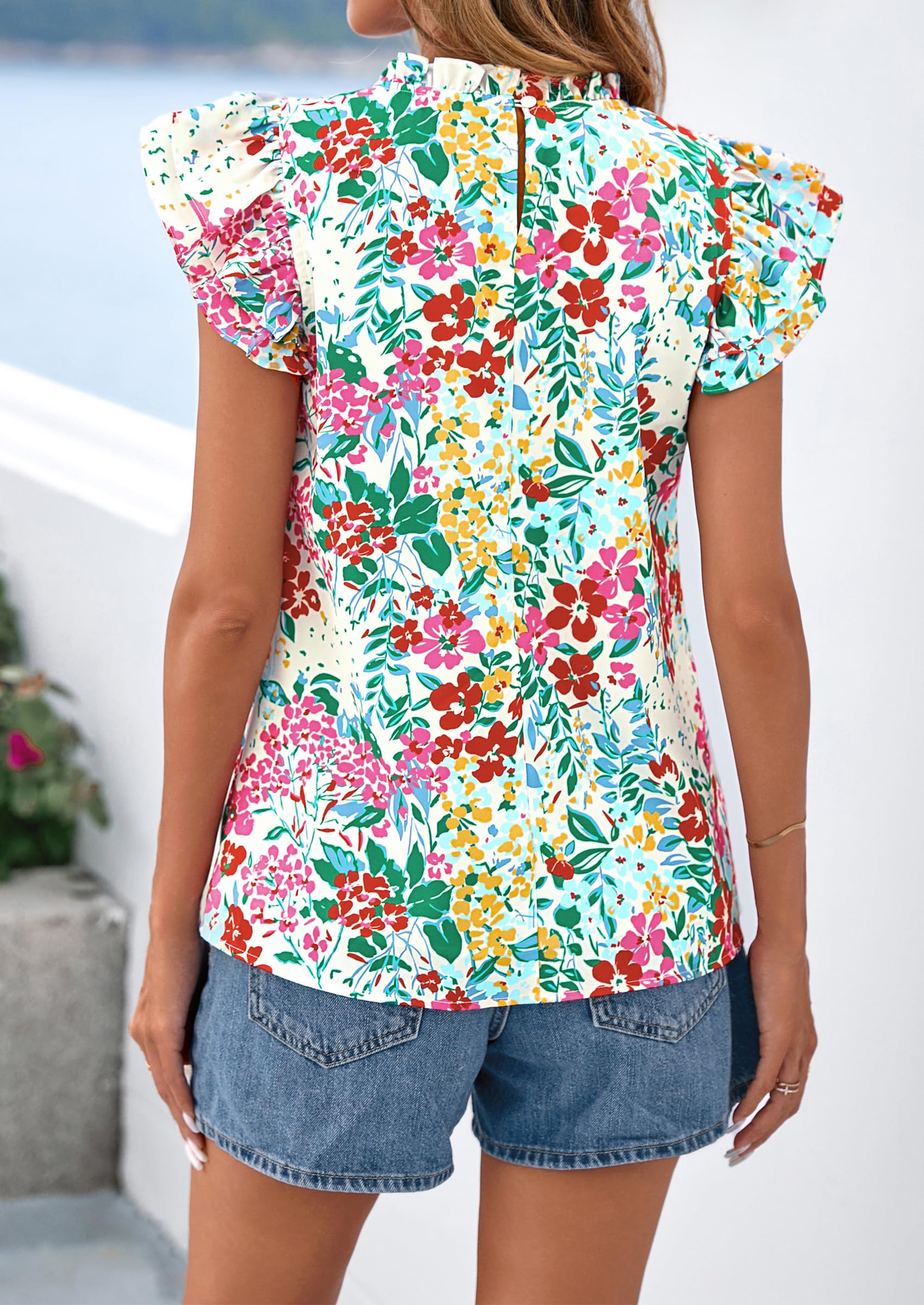 PRETTYGARDEN Women's Ruffle Short Sleeve Summer Tops Trendy Floral Trim Neck Casual Dressy Chiffon Boho Blouses Shirts PRETTYGARDEN