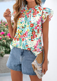PRETTYGARDEN Women's Ruffle Short Sleeve Summer Tops Trendy Floral Trim Neck Casual Dressy Chiffon Boho Blouses Shirts PRETTYGARDEN