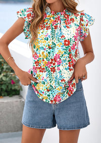PRETTYGARDEN Women's Ruffle Short Sleeve Summer Tops Trendy Floral Trim Neck Casual Dressy Chiffon Boho Blouses Shirts PRETTYGARDEN