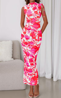 PRETTYGARDEN Women's Summer Maxi Floral Dresses Ruched Bodycon Sleeveless Mesh Formal Wedding Guest Cocktail Split Long Dress PRETTYGARDEN