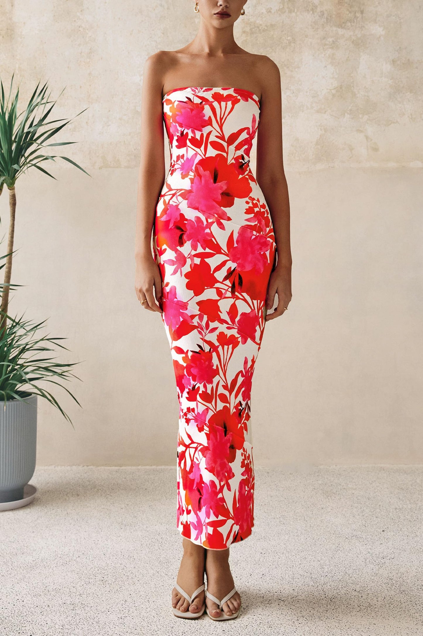 Women's 2025 Summer Floral Bodycon Maxi Dresses Ribbed Strapless Tube Casual Boho Party Long Dress