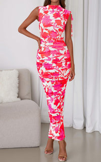 PRETTYGARDEN Women's Summer Maxi Floral Dresses Ruched Bodycon Sleeveless Mesh Formal Wedding Guest Cocktail Split Long Dress PRETTYGARDEN