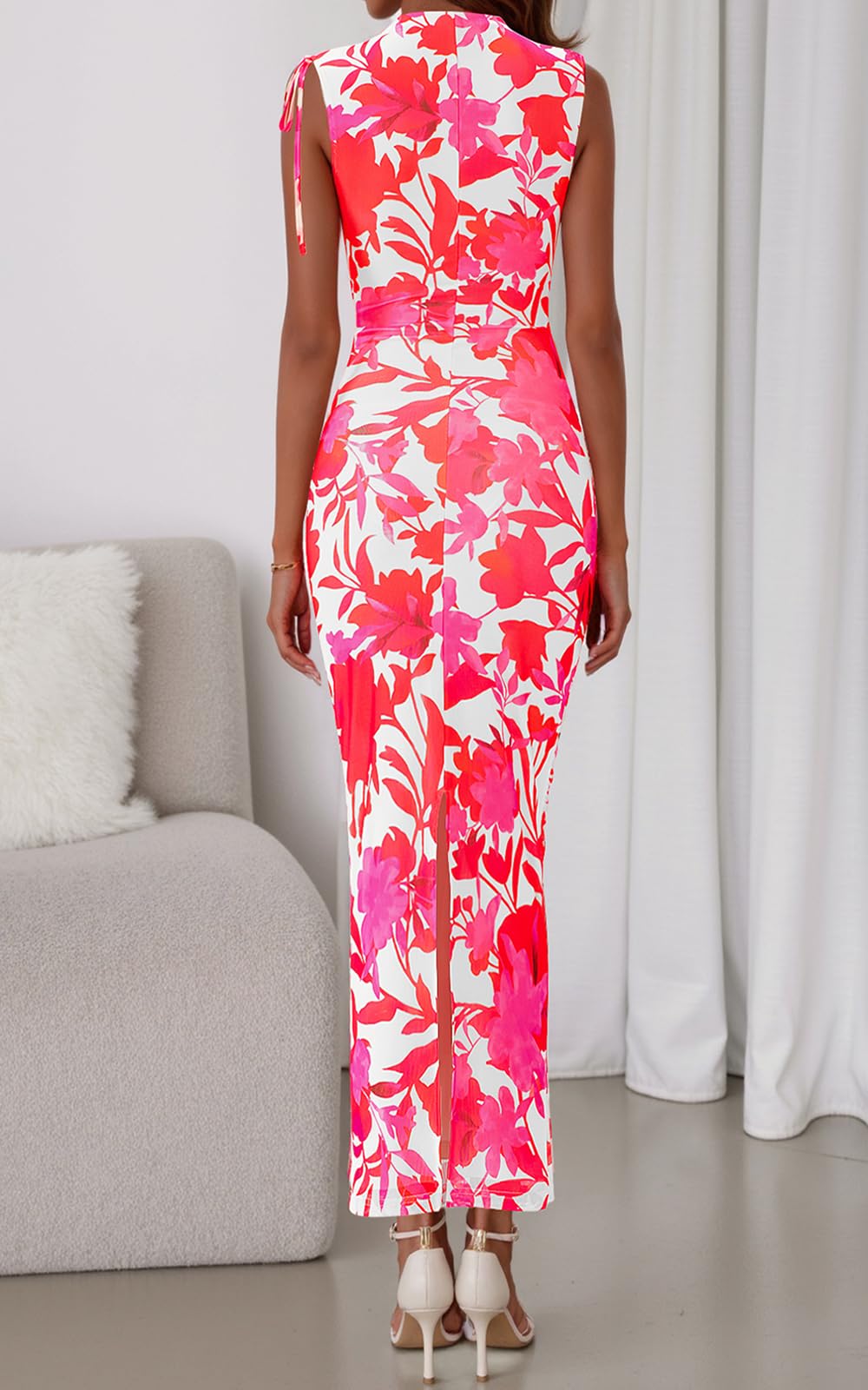 PRETTYGARDEN Women's Summer Maxi Floral Dresses Ruched Bodycon Sleeveless Mesh Formal Wedding Guest Cocktail Split Long Dress PRETTYGARDEN