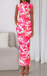 PRETTYGARDEN Women's Summer Maxi Floral Dresses Ruched Bodycon Sleeveless Mesh Formal Wedding Guest Cocktail Split Long Dress PRETTYGARDEN