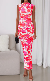 PRETTYGARDEN Women's Summer Maxi Floral Dresses Ruched Bodycon Sleeveless Mesh Formal Wedding Guest Cocktail Split Long Dress PRETTYGARDEN