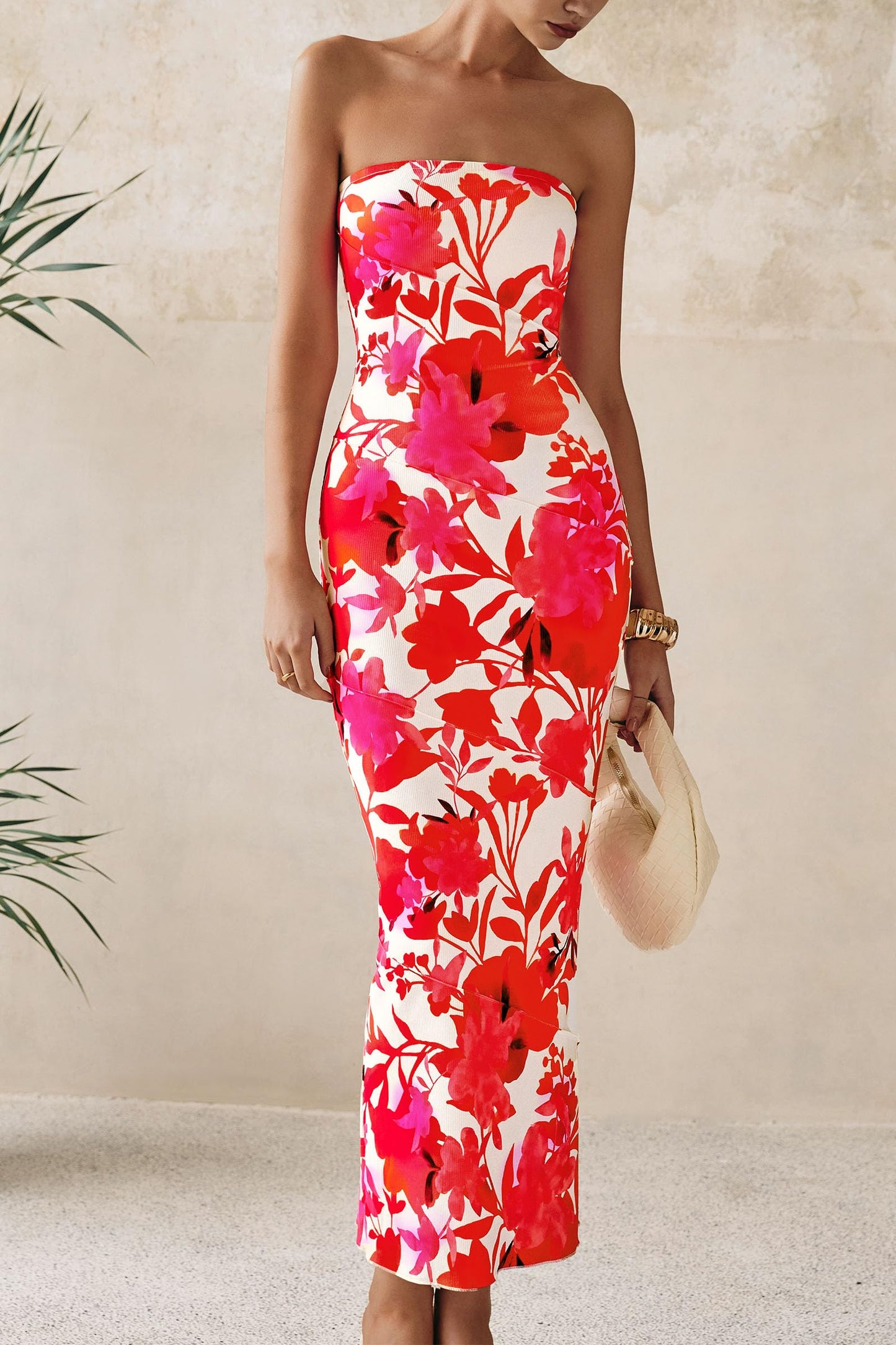 Women's 2025 Summer Floral Bodycon Maxi Dresses Ribbed Strapless Tube Casual Boho Party Long Dress