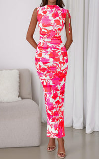 PRETTYGARDEN Women's Summer Maxi Floral Dresses Ruched Bodycon Sleeveless Mesh Formal Wedding Guest Cocktail Split Long Dress PRETTYGARDEN