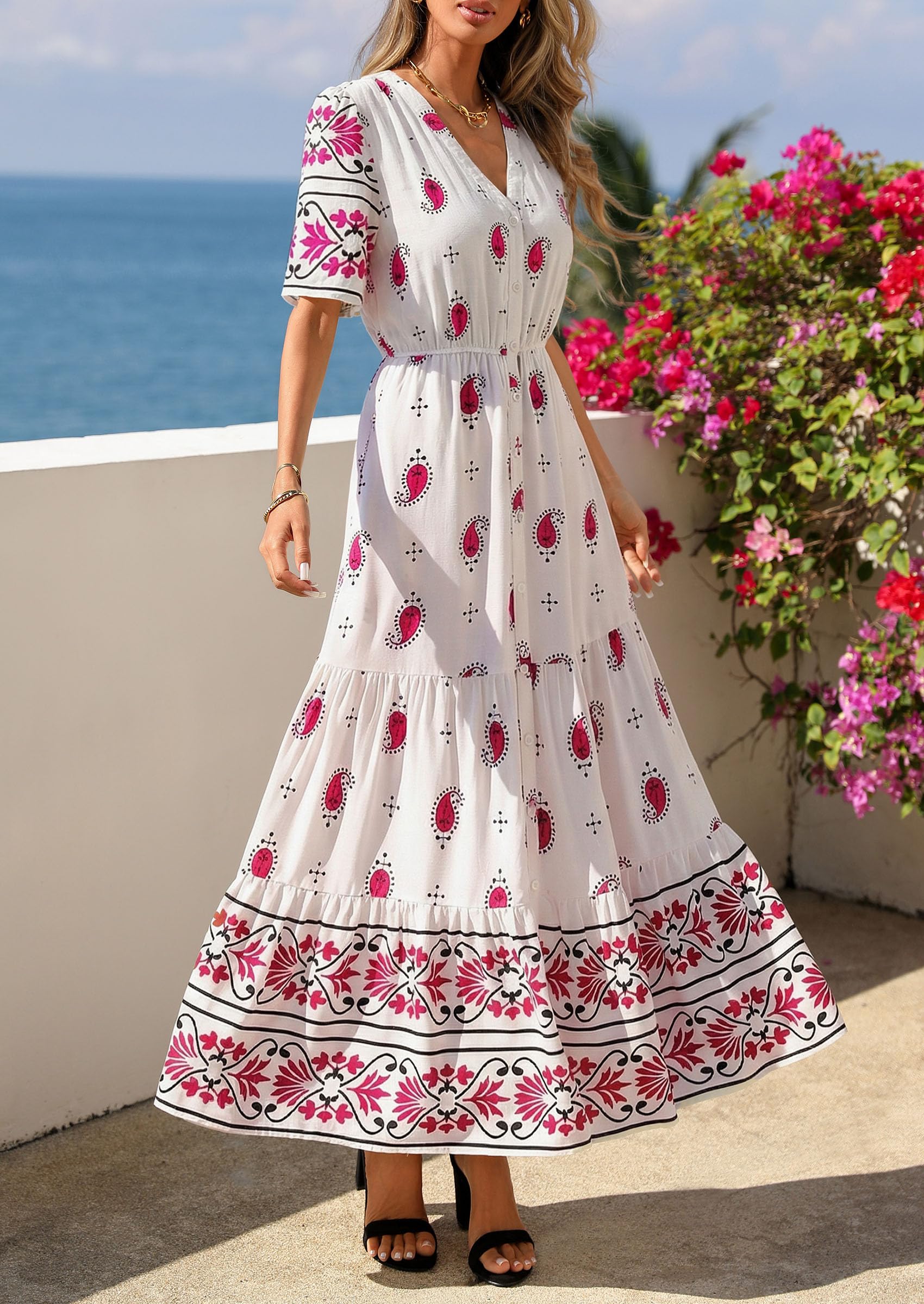 PRETTYGARDEN Womens Summer Boho Maxi Dress Trendy Short Sleeve V Neck Flowy Beach Floral Dresses with Pockets PRETTYGARDEN