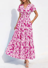 PRETTYGARDEN Women Summer Maxi Dresses Short Sleeve V Neck Button Floral Tiered Flowy Boho Sundress Beach Outfits