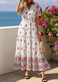 PRETTYGARDEN Womens Summer Boho Maxi Dress Trendy Short Sleeve V Neck Flowy Beach Floral Dresses with Pockets PRETTYGARDEN