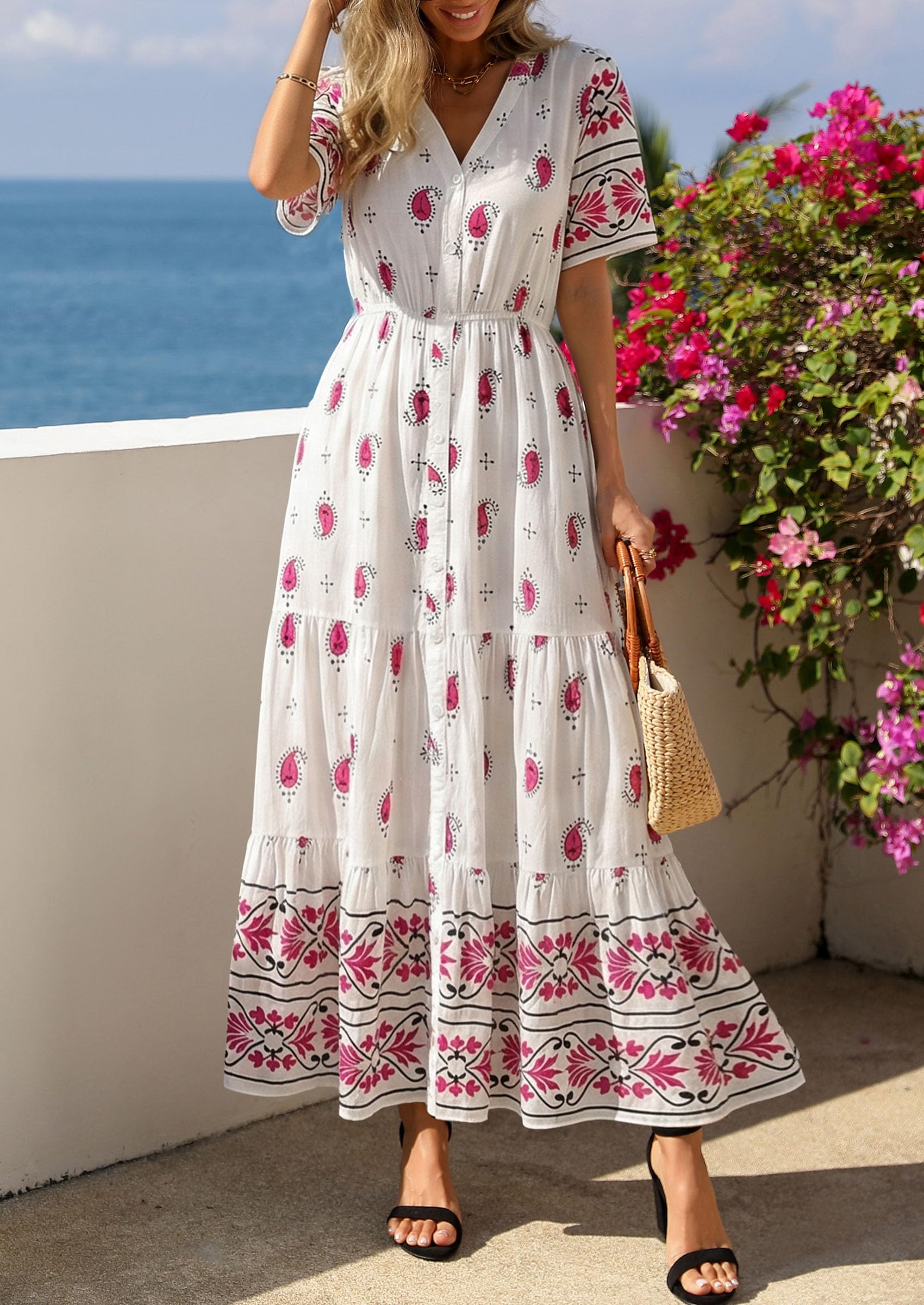 PRETTYGARDEN Womens Summer Boho Maxi Dress Trendy Short Sleeve V Neck Flowy Beach Floral Dresses with Pockets PRETTYGARDEN