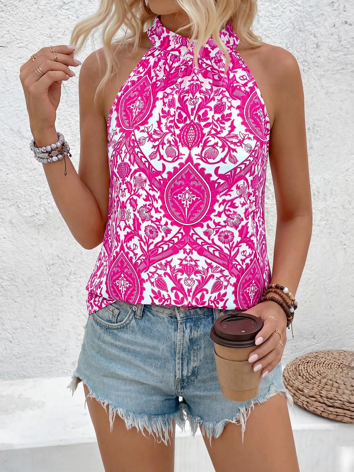 PRETTYGARDEN Halter Tops for Women Summer High Neck Boho Tank Top Sleeveless Beach Vacation Clothes Casual Blouse Shirts PRETTYGARDEN