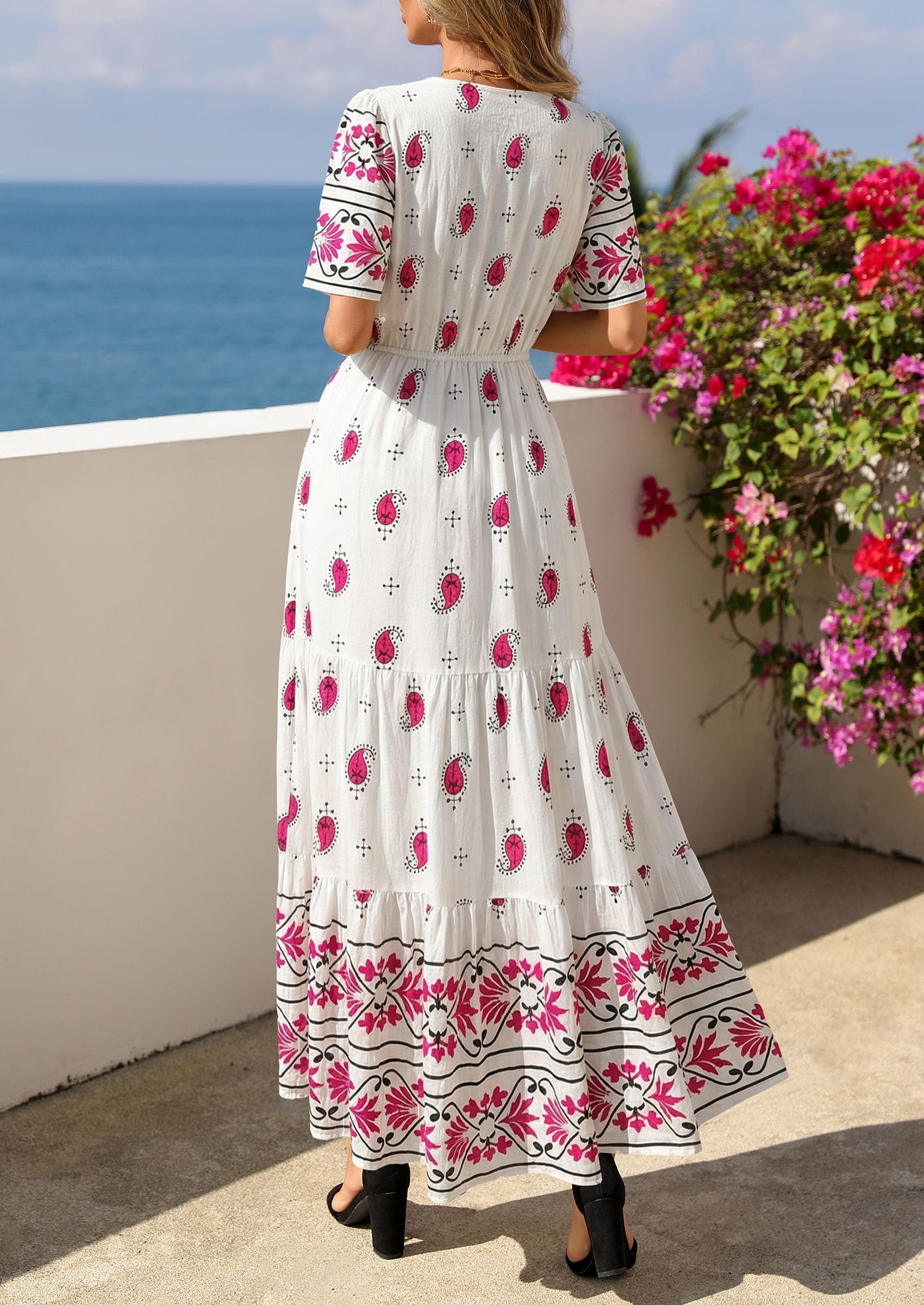 PRETTYGARDEN Womens Summer Boho Maxi Dress Trendy Short Sleeve V Neck Flowy Beach Floral Dresses with Pockets PRETTYGARDEN