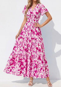 PRETTYGARDEN Women Summer Maxi Dresses Short Sleeve V Neck Button Floral Tiered Flowy Boho Sundress Beach Outfits